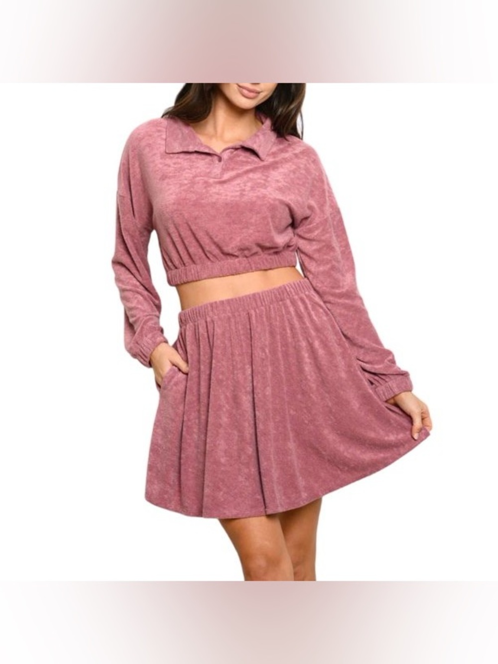 Fate Dusty Rose Velvet Top and Skirt Set
